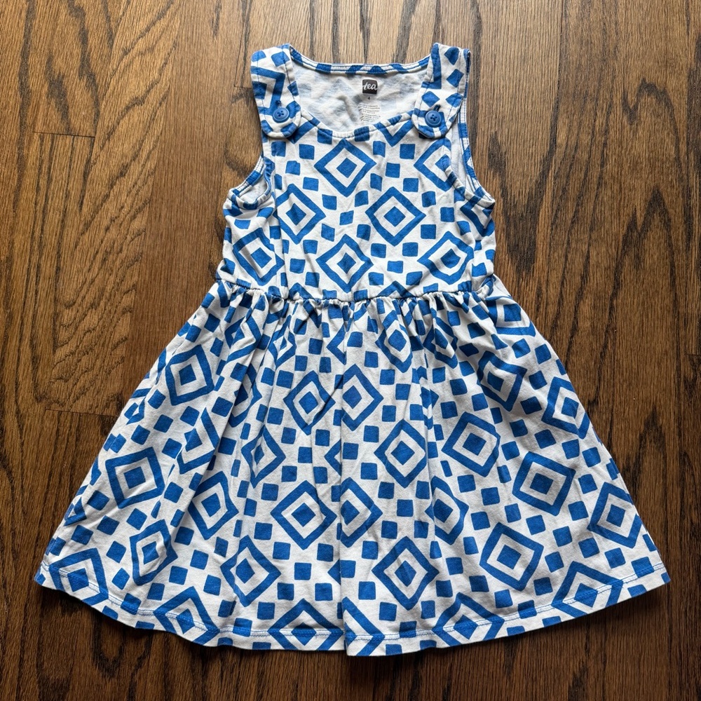 Tea Collection Blue and White Geometric Kids Dress